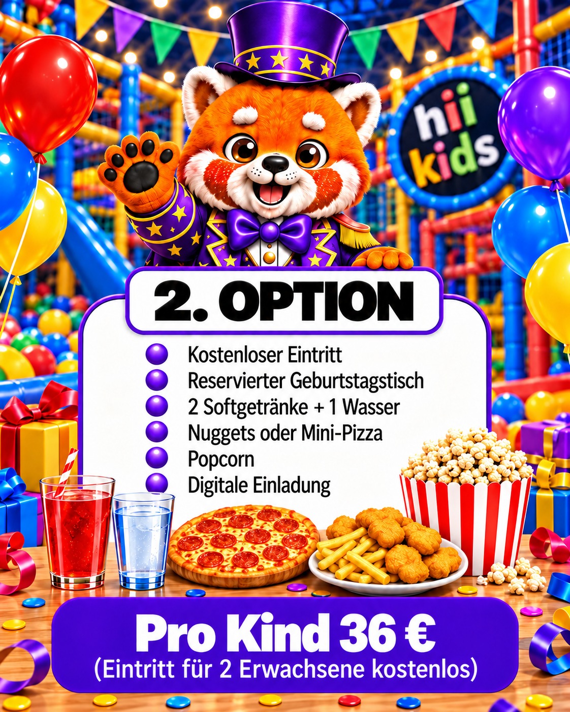 Geburtstagspaket Option 2 – 36 € pro Kind (Eintritt für 2 Erwachsene kostenlos): Eintritt inklusive, reservierter Geburtstagstisch, 2 Softgetränke + 1 Wasser, Nuggets oder Mini-Pizza, Popcorn, digitale Einladung