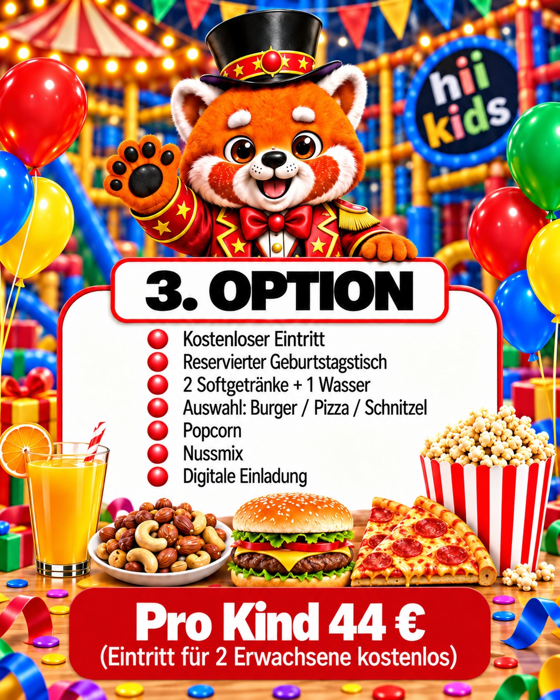 Geburtstagspaket Option 3 – 44 € pro Kind (Eintritt für 2 Erwachsene kostenlos): Eintritt inklusive, reservierter Geburtstagstisch, 2 Softgetränke + 1 Wasser, Auswahl: Burger / Pizza / Schnitzel, Popcorn, Nussmix, digitale Einladung